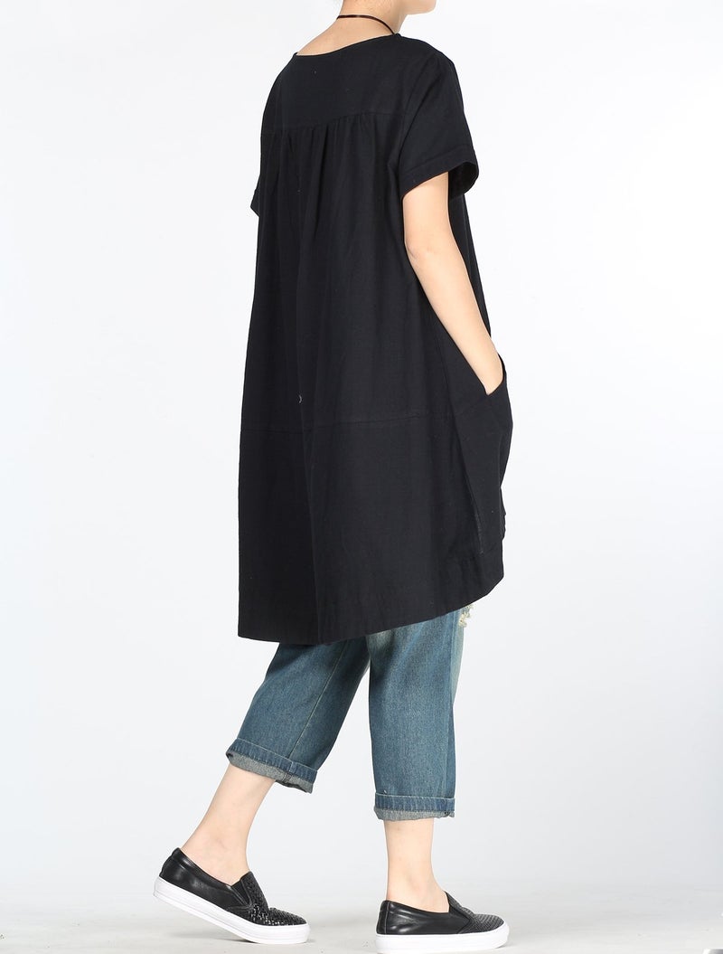 Minibee Women's Cotton Linen Short Sleeve Tunic/Top Tees (XXL, Black) - Image 4